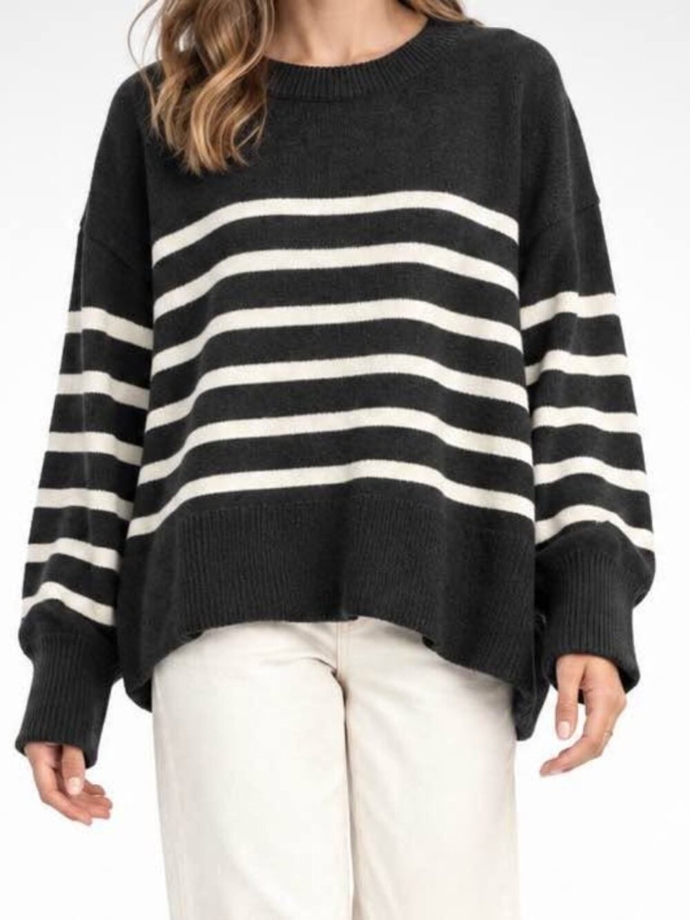 Bibi Black Cream Stripe XL Oversized Ribbed Crewneck Preppy Parisian Sweater